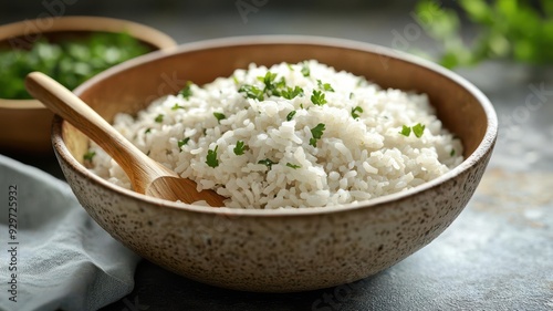 A fresh bowl of fluffy rice garnished with green herbs, perfect for diverse culinary dishes and healthy meals.