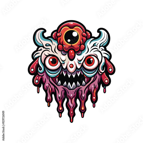 A surreal, dreamlike monster with abstract shapes, featuring a large, menacing mouth with dripping saliva, and three eyes, one a cyclopean eye with an orange ring.