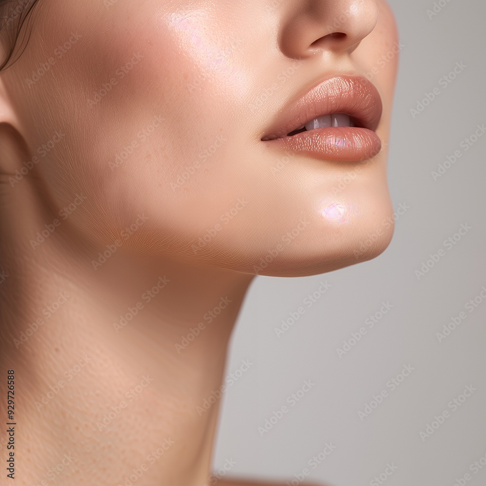 Obraz premium Close-up of a woman's face highlighting lips and jawline with a soft glow.