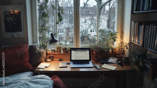 A Norwegian writer's workspace with a laptop and cozy, tidy environment