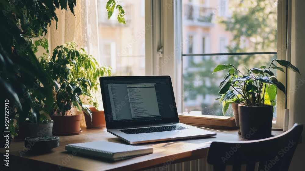 A Polish developer's workspace with a laptop and organized, minimalist design A Polish developer's workspace with a laptop and organized, minimalist design