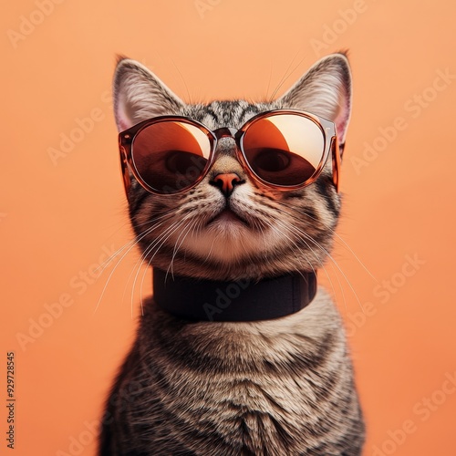 Stylish Cat in Sunglasses with Peach Background