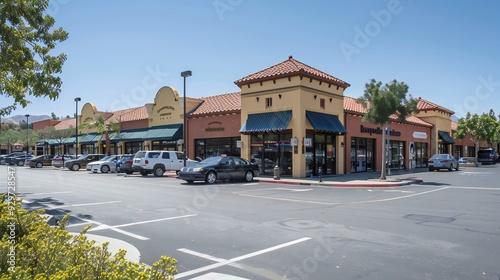 Modern Retail Shops in a Parking Lot with Blue Sky