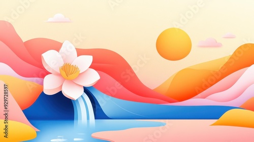 Experience a serene blend of colors in a modern flat illustration, evoking tranquil blossoms and radiant harmony.