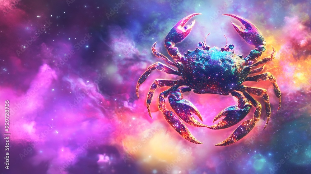 Cancer horoscope sign in twelve zodiac with galaxy stars background.