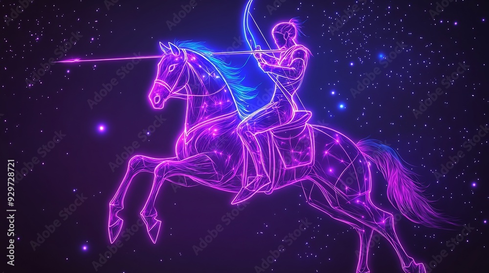 Fototapeta premium Zodiac sign Sagittarius with a stylized image of a horseman with a bow or a Centaur in purple and blue neon lights on a starry background.