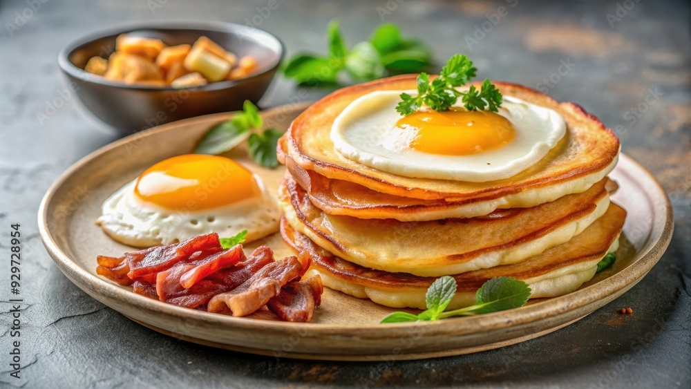 Delicious breakfast with fried eggs, crispy bacon, and fluffy pancakes , breakfast, fried eggs, bacon, pancakes, morning Delicious breakfast with fried eggs, crispy bacon, and fluffy pancakes , breakfast, fried eggs, bacon, pancakes, morning