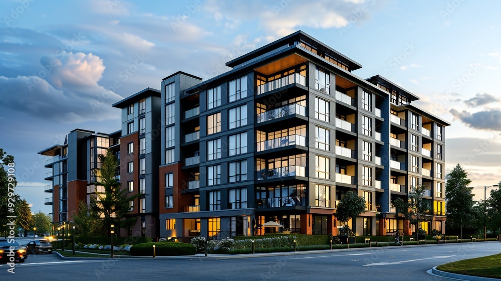 Modern Apartment Building with Evening Lighting and Street View Modern Apartment Building with Evening Lighting and Street View