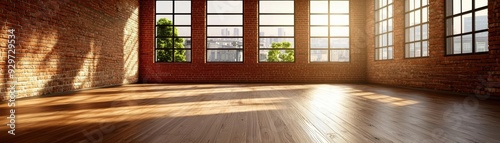 Sunlight streams through large windows in a spacious loft with exposed brick walls and hardwood floors.