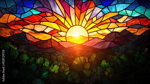 Colorful stained glass sunrise over mountains and cacti
