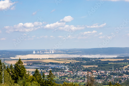 Czech city of Hradek nad Nisou and lignite surface mine and power plant in Turow village near Polish Bogatynia town