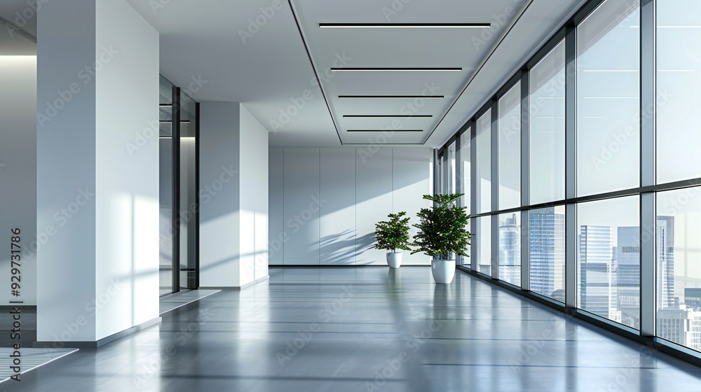 Modern Office Corridor with City View and Plants Modern Office Corridor with City View and Plants