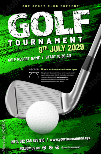 Golf tournament poster template with metal club, ball and grungy dirty halftone background