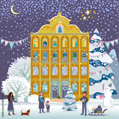 Advent calendar. Christmas house with winter holidays countdown windows. Merry Christmas poster. Holiday design, decor. Xmas tree, snowman and gifts, presents, star. Winter holiday Vector illustration