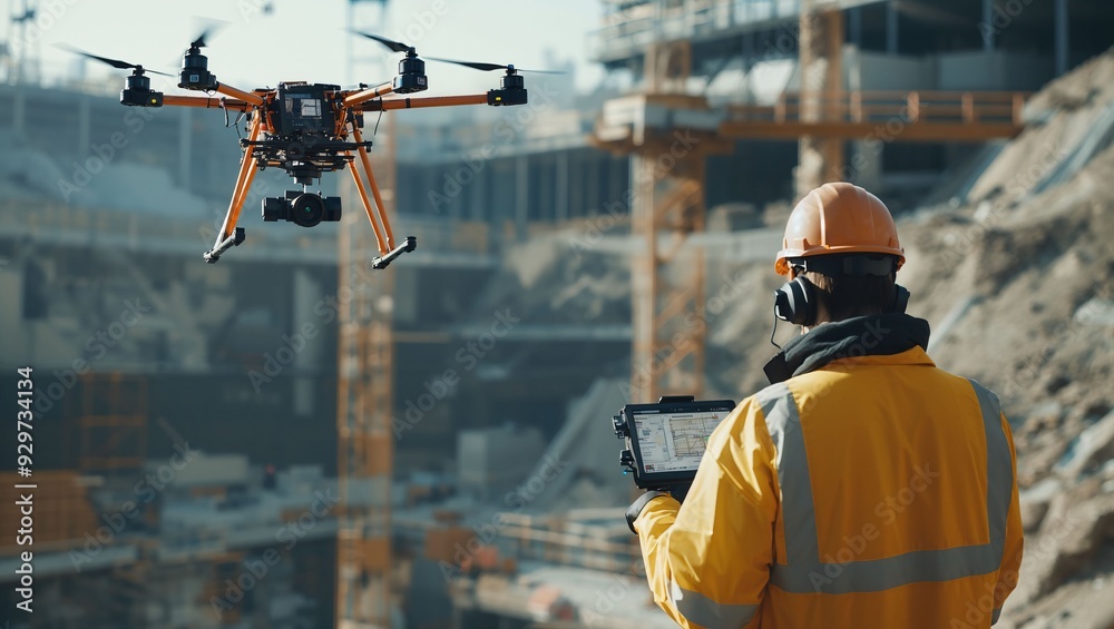A skilled operator controls a high-tech drone on a bustling construction site, showcasing modern technology's role in enhancing workplace efficiency and safety measures today. A skilled operator controls a high-tech drone on a bustling construction site, showcasing modern technology's role in enhancing workplace efficiency and safety measures today.