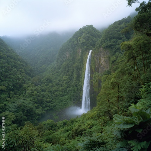 A breathtaking waterfall cascades through lush greenery, surrounded by misty mountains and serene nature, perfect for tranquil escapes.