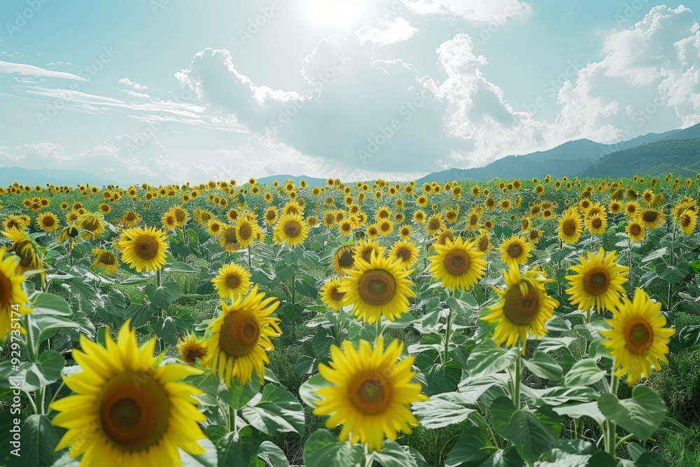 Obraz premium Endless field of sunflowers illuminated by the sun, harvest and agricultural business concept 