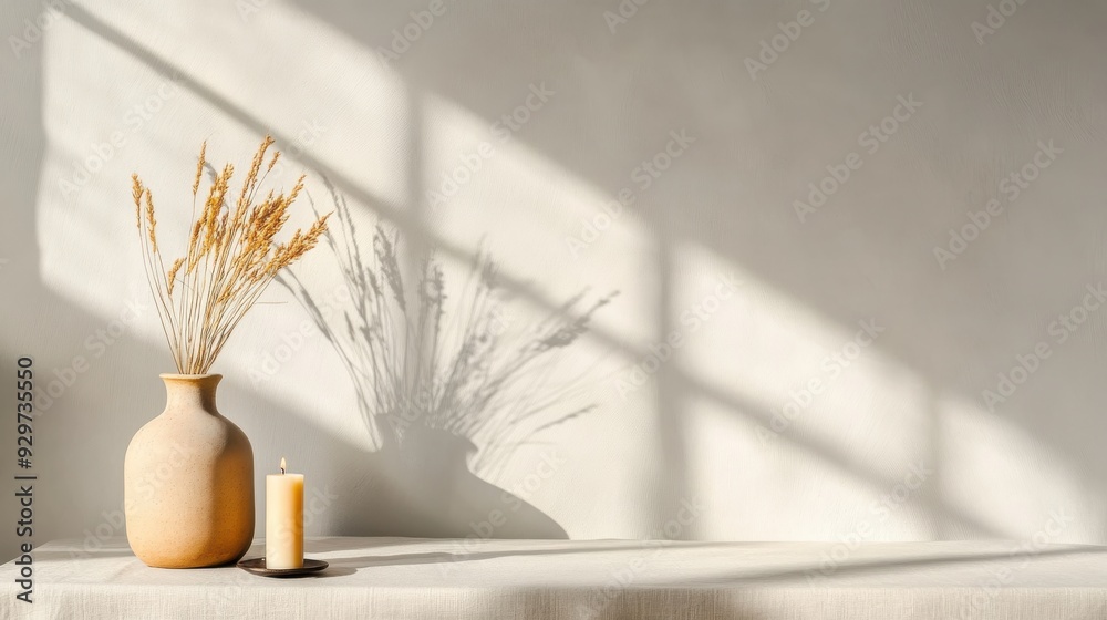 Fototapeta premium A white table set against a gray background, featuring a linen tablecloth and scented candles placed beside it