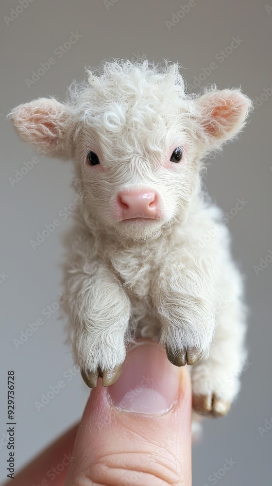 the worlds smalles baby highland cow - white calf balancing in a humans finger the worlds smalles baby highland cow - white calf balancing in a humans finger