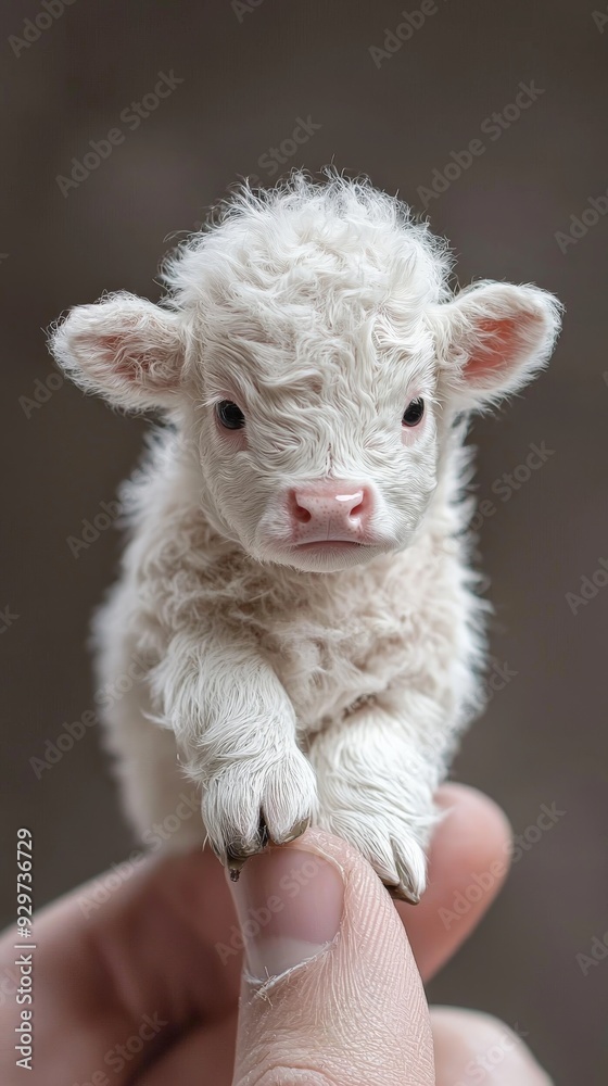 Fototapeta premium the worlds smalles baby highland cow - white calf balancing in a humans finger
