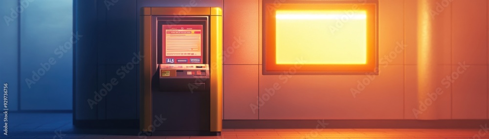 ATM with a glowing screen, nextgeneration banking, 3D illustration ATM with a glowing screen, nextgeneration banking, 3D illustration