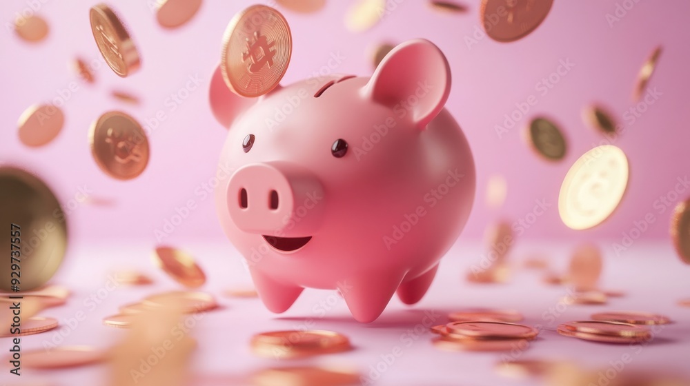 Coins dropping into a digital piggy bank, online savings, 3D illustration Coins dropping into a digital piggy bank, online savings, 3D illustration