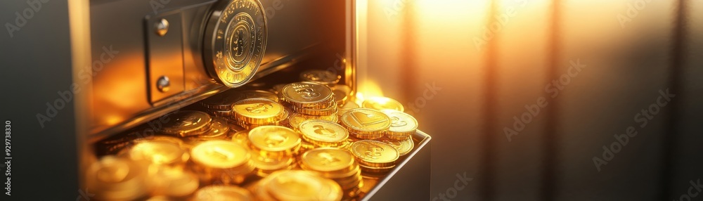 Safe door opening to reveal gold coins, financial security, 3D illustration Safe door opening to reveal gold coins, financial security, 3D illustration