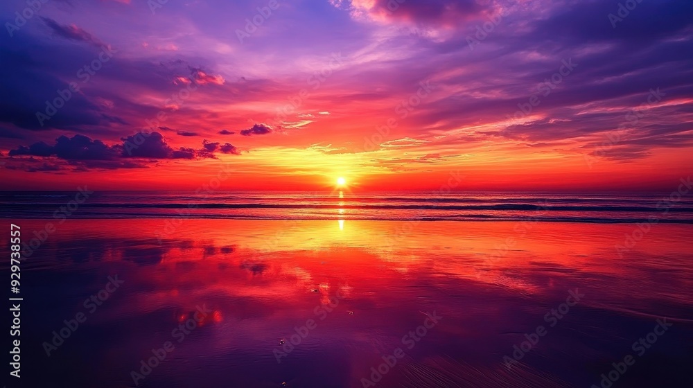 A vibrant sunset over the ocean, reflecting colorful hues on the water's surface. A vibrant sunset over the ocean, reflecting colorful hues on the water's surface.