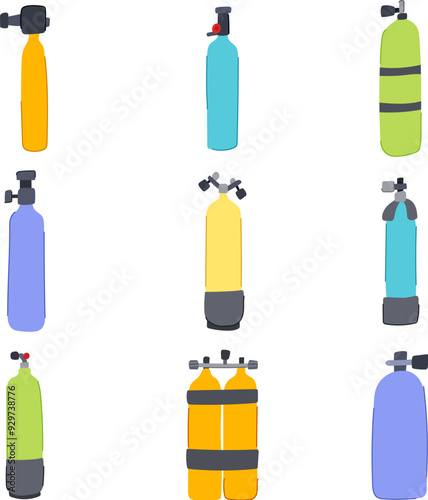 diving cylinder set cartoon. pressure regulator, buoyancy depth, safety oxygen diving cylinder sign. isolated symbol vector illustration