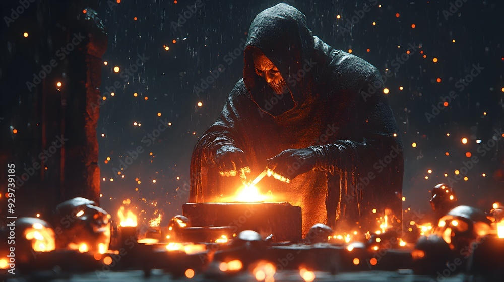 A dark blacksmith with a glowing hammer, crafting enchanted items, Halloween party masks scattered around the forge, cinematic and spooky scene, isolated on white background A dark blacksmith with a glowing hammer, crafting enchanted items, Halloween party masks scattered around the forge, cinematic and spooky scene, isolated on white background
