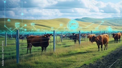 Cows in a digital landscape with technology overlays representing smart farming. photo