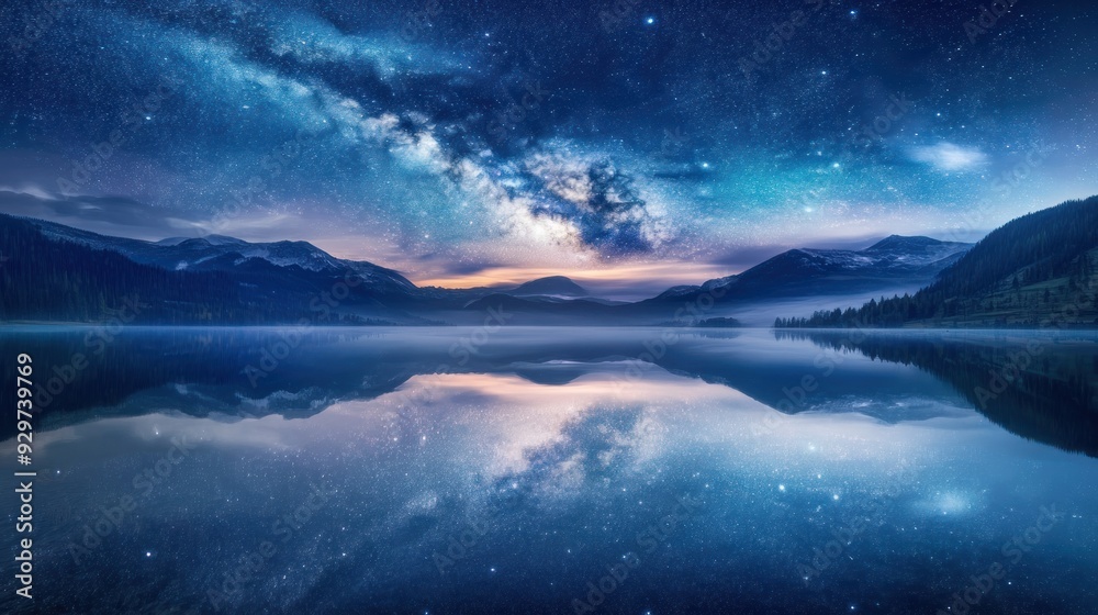 Fototapeta premium Milky Way Galaxy Reflected in a Mountain Lake at Night