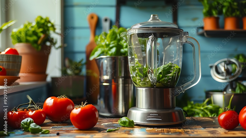 A tomato slicer next a stainless industrial blender on an olive table A tomato slicer next a stainless industrial blender on an olive table