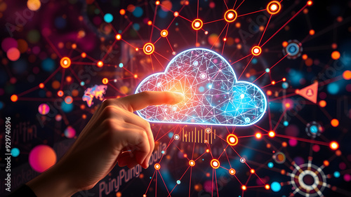 Businessperson is using a laptop to access the cloud computing system, cloud computing, big data, internet of things, business processes, various storage systems