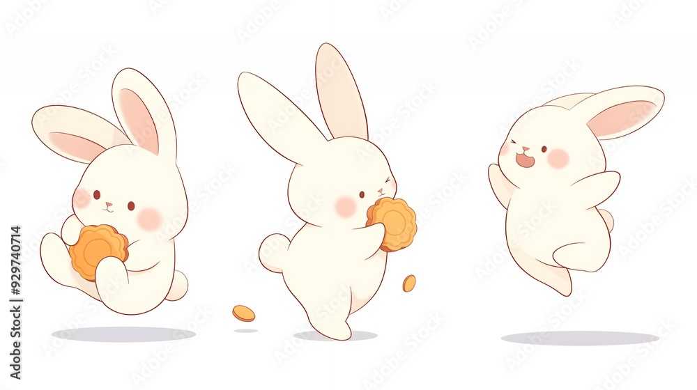 Obraz premium Cute cartoon rabbits playfully enjoying cookies in a whimsical style.