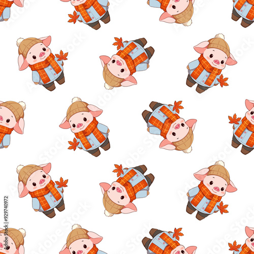 Seamless pattern with cute piglet in warm clothes. Autumn pattern with pig