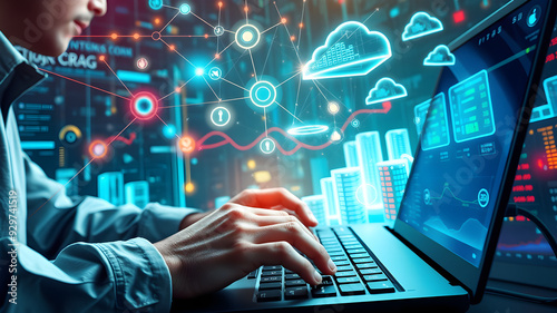 Businessperson is using a laptop to access the cloud computing system, cloud computing, big data, internet of things, business processes, various storage systems