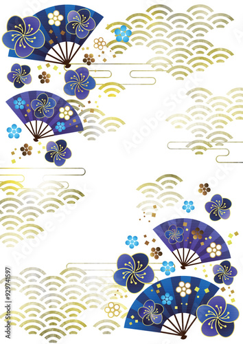 扇子と文様梅がかわいい和風フレーム背景イラスト、青海波、金色、横