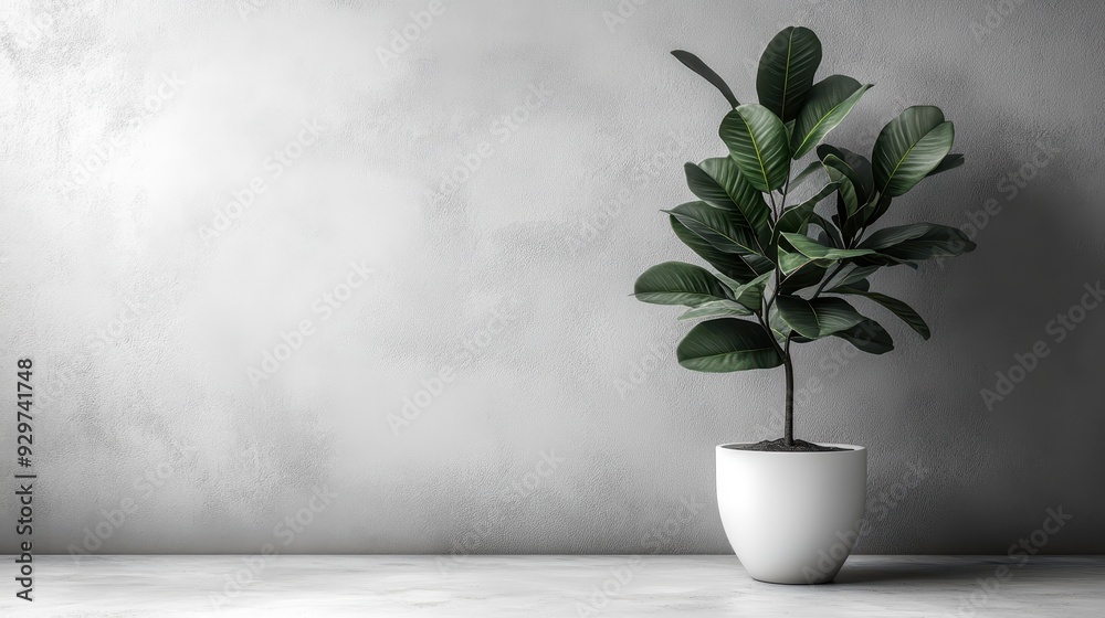 3D Render of a Single Black Rubber Plant in a White Pot Against an Empty Wall Background, Minimalist Monochrome Design, High-Resolution Photography 3D Render of a Single Black Rubber Plant in a White Pot Against an Empty Wall Background, Minimalist Monochrome Design, High-Resolution Photography