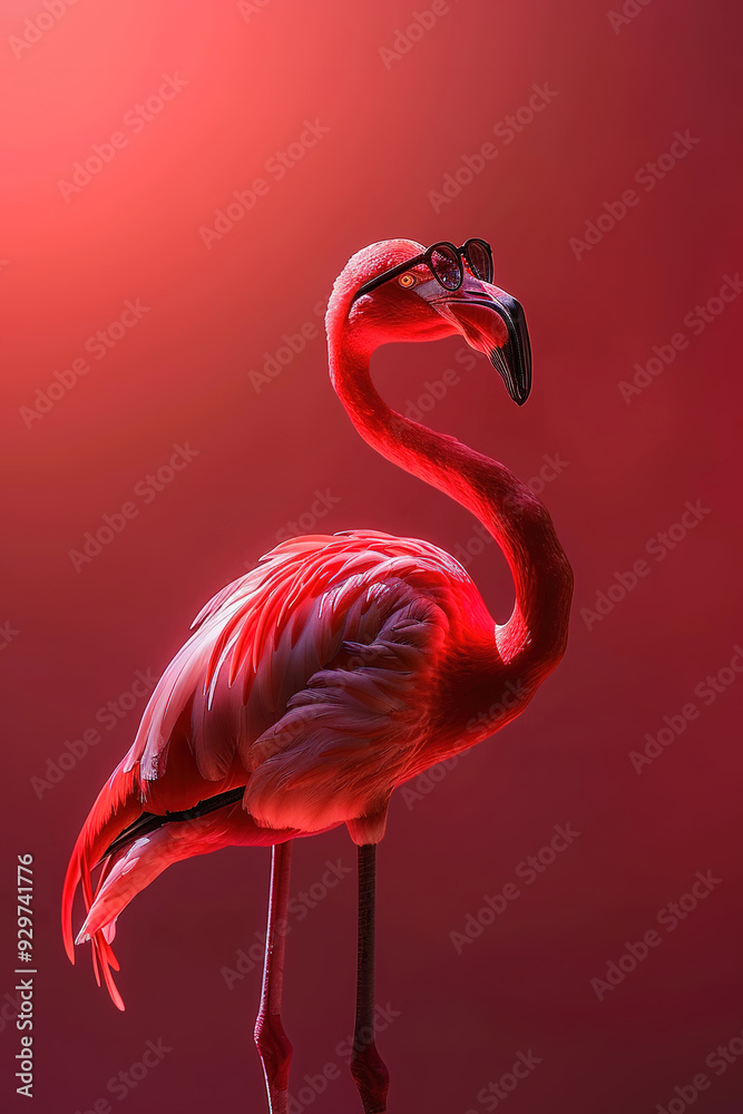 Fototapeta premium A stylized flamingo wearing sunglasses against a vibrant red background.