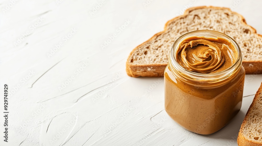 Organic nut butter, jar with spread on bread, 3D illustration Organic nut butter, jar with spread on bread, 3D illustration