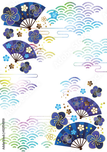 扇子と文様梅がかわいい和風フレーム背景イラスト、青海波、虹色、横