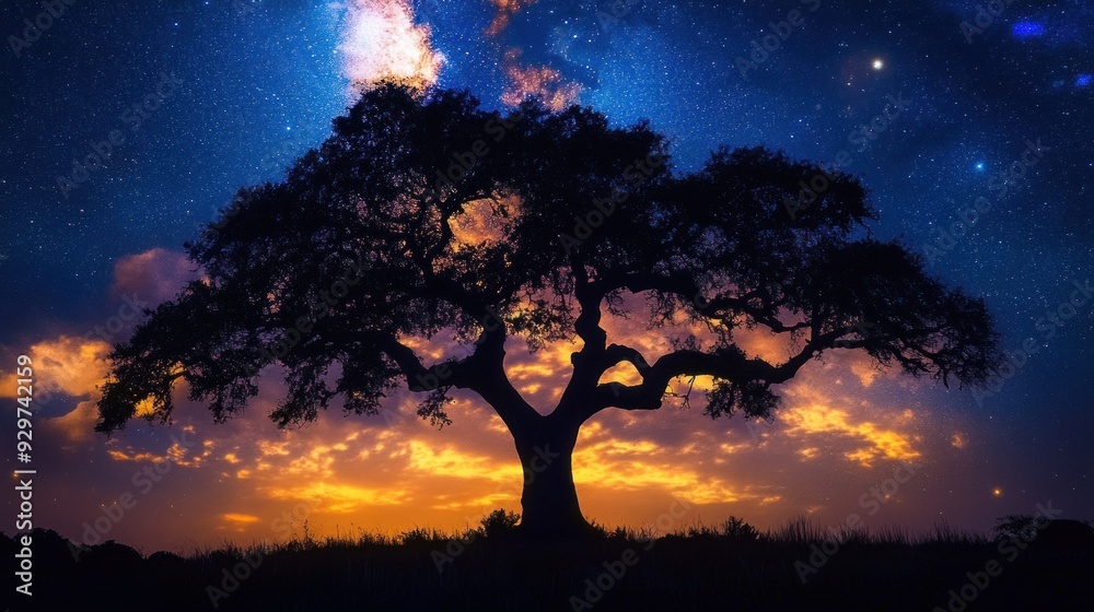 Silhouetted Tree Against a Starry Night Sky with Orange Clouds Silhouetted Tree Against a Starry Night Sky with Orange Clouds
