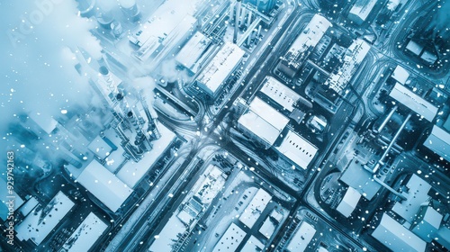 Present an aerial view of snowfall in an industrial area, with factories and warehouses taking on a serene appearance under the snow