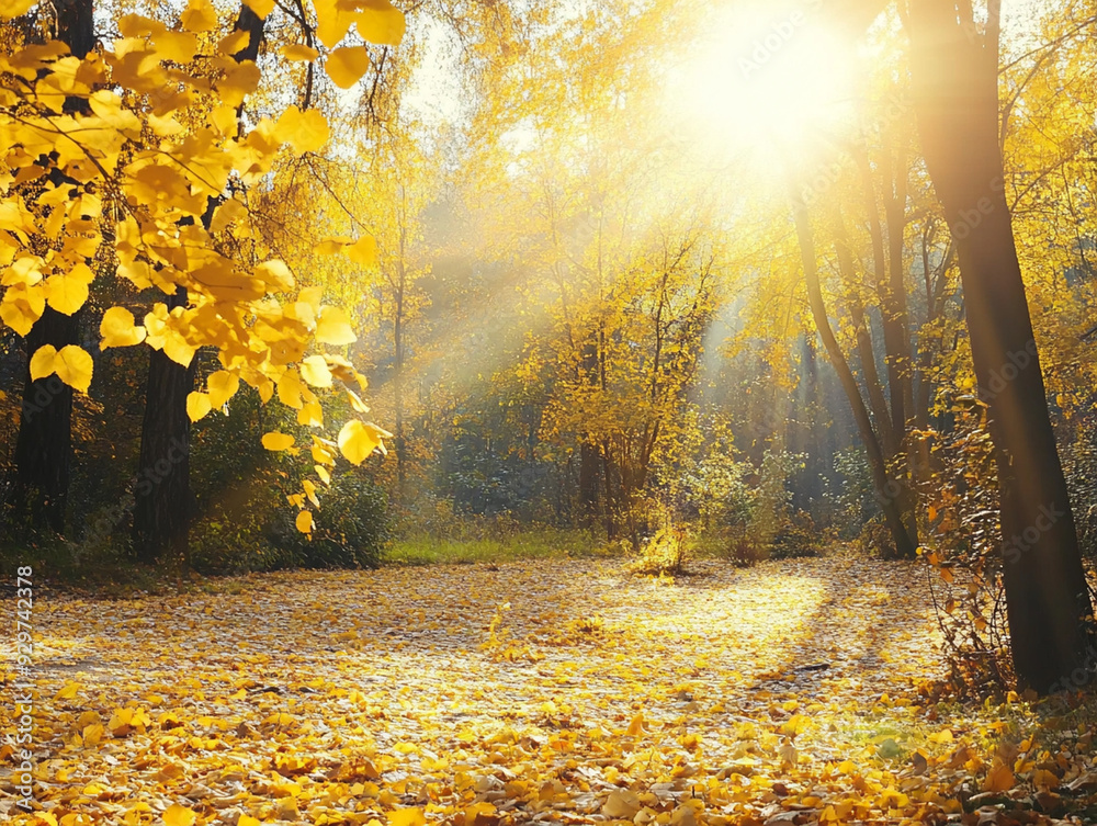 Obraz premium Forest path with golden leaves and a calm atmosphere, sunny park.