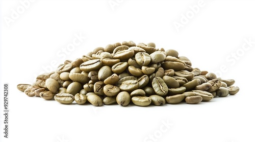 a pile of green coffee beans on a white background