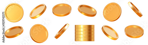3D set realistic golden coins with different angles.  Symbol of gold and wealth. Stock vector illustration on isolated background.