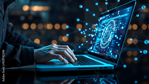 Businessperson is using a laptop to access the cloud computing system, network computing, big data, internet of things, business processes, various storage systems