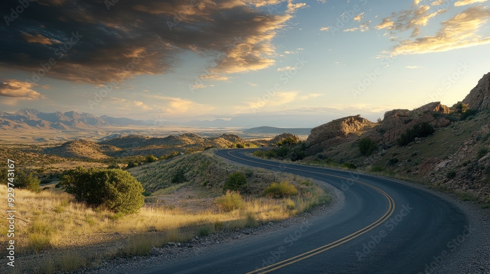 Winding Road Through a Mountain Landscape at Sunset Winding Road Through a Mountain Landscape at Sunset