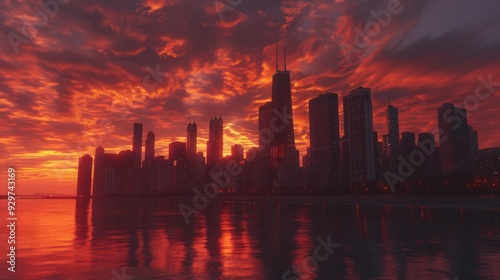 Present the Chicago skyline during a sunset, with hues of orange and pink casting a warm glow over the city